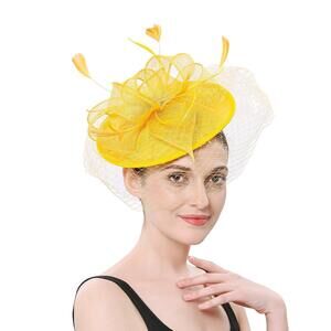 3166 Women Sinamay Feather Fascinator Hat With Veil, Celebrity Ladies‘